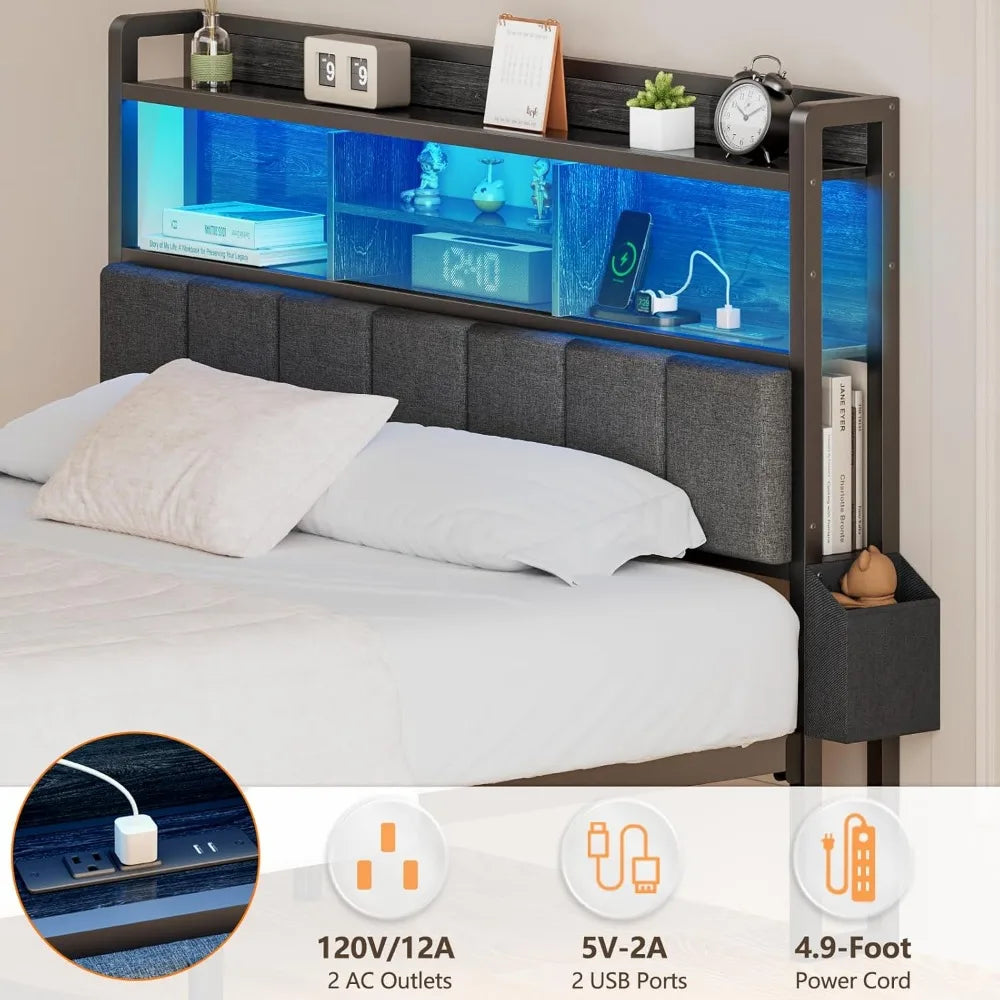 Furnulem Queen Bed Frame with Storage Drawers, Upholstered Headboard with Storage Shelf, LED Lights and Charging Station
