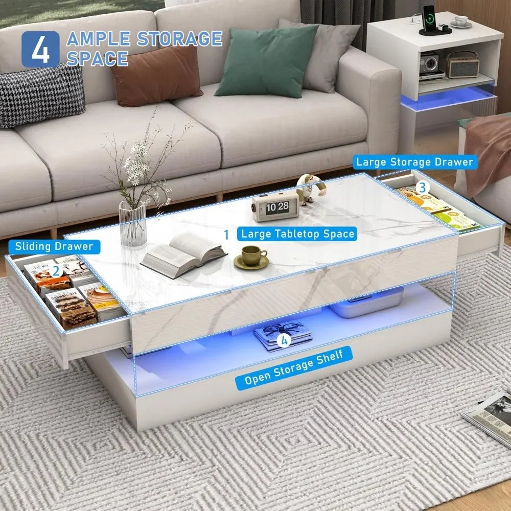 47inch Large High-Glossy LED Coffee Table with 2 Sliding Drawers, Living Room Storage Tables with Marbling Print