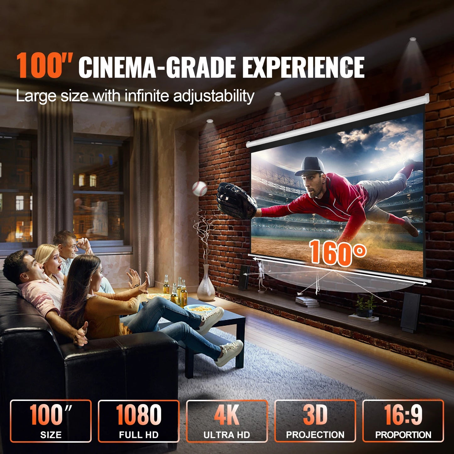 SucceBuy Manual Pull Down Projector Screen 100 inch 16:9 4K 1080 HD Retractable Projector Screen for Family Home Office Theater