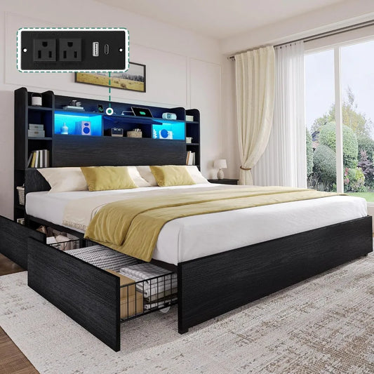 DWVO King Size Bed Frame with Bookcase Headboard and 4 Storage Drawers, RGB LED Bed Frame with Type-C & USB Charging Station Sto