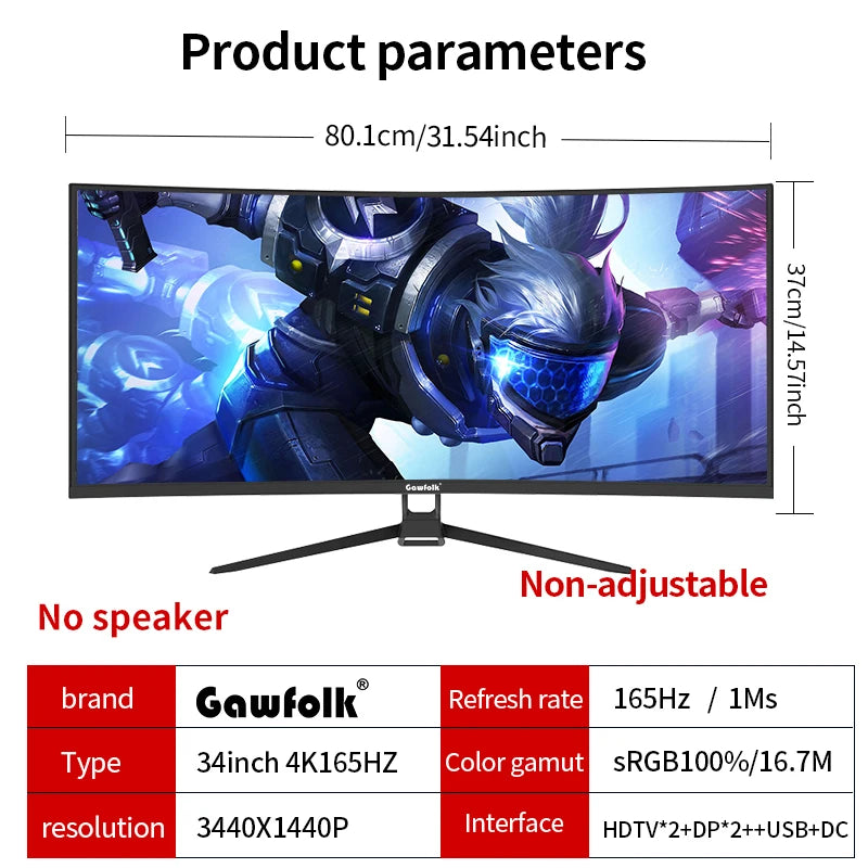 Gawfolk Monitor 34'' 144Hz Bandfish Screen Curved 1500R Gaming Bezel-less Slim 400HDR Nits 100% SRGB Wide Color Gamut FAsT VA Te