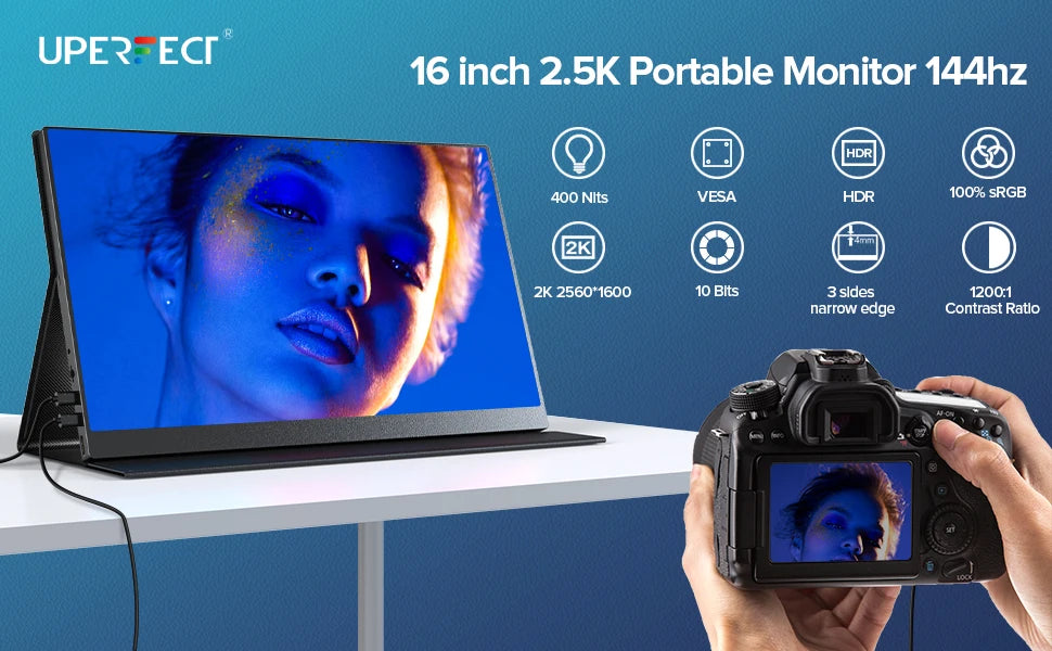 UPERFECT 16" 2K Portable Monitor 2560*1600 16:10 100%sRGB 500Cd/m² 120Hz Gaming Display For Xbox PS5 Switch Laptop Mac Phone