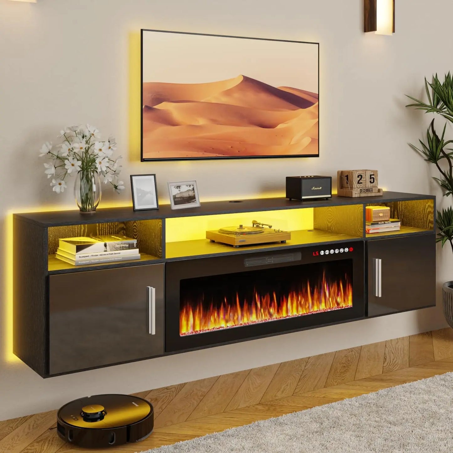 70" Floating TV Stand with 36" Electric Fireplace, High Gloss Finish Wall Mounted Electric Fireplace TV Stand with Storag