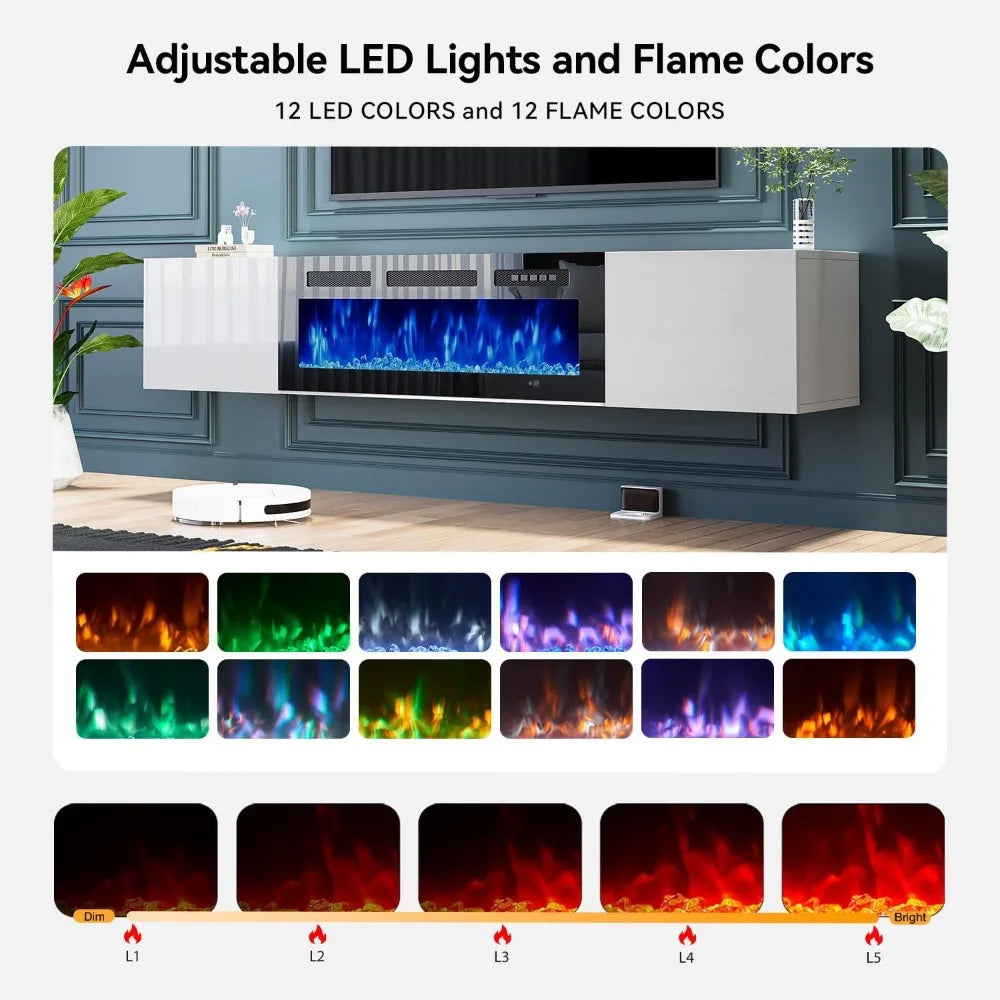 70'' Floating TV Stand with 36"Electric Fireplace, Entertainment Center Wall Mounted,Modern Wood Media TV Console with Fireplace