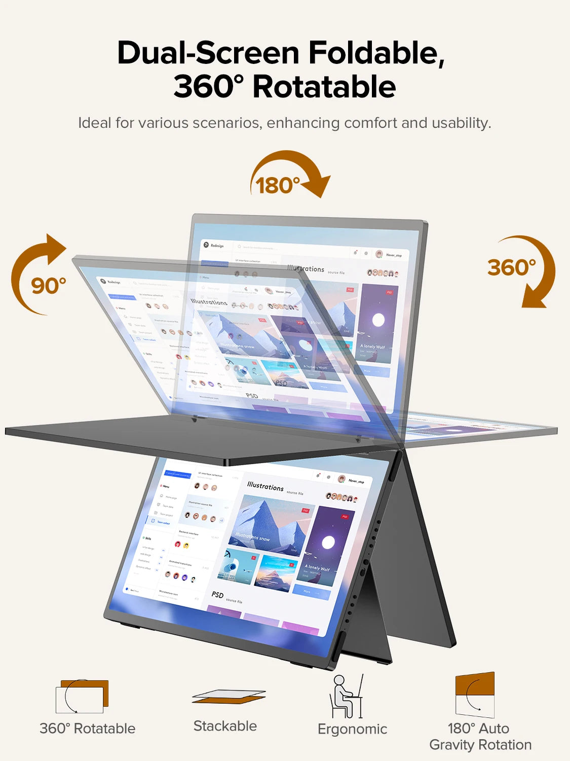 EVICIV 15.6" Dual Portable Monitor for Laptop Screen Extender 1080P HDR 360° Folding Stacked Triple Monitor with Stand for PC