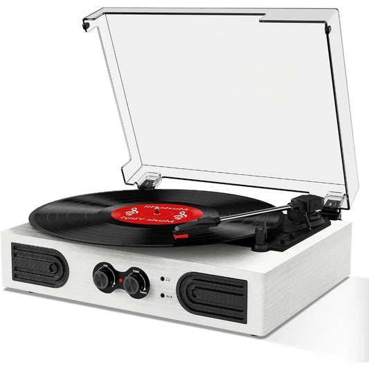 Portable Vinyl Record Player with Built-in Stereo & Bass Adjust, 3-Speed Belt-Driven, Bluetooth, RCA Out, AUX In, Headphone Jack