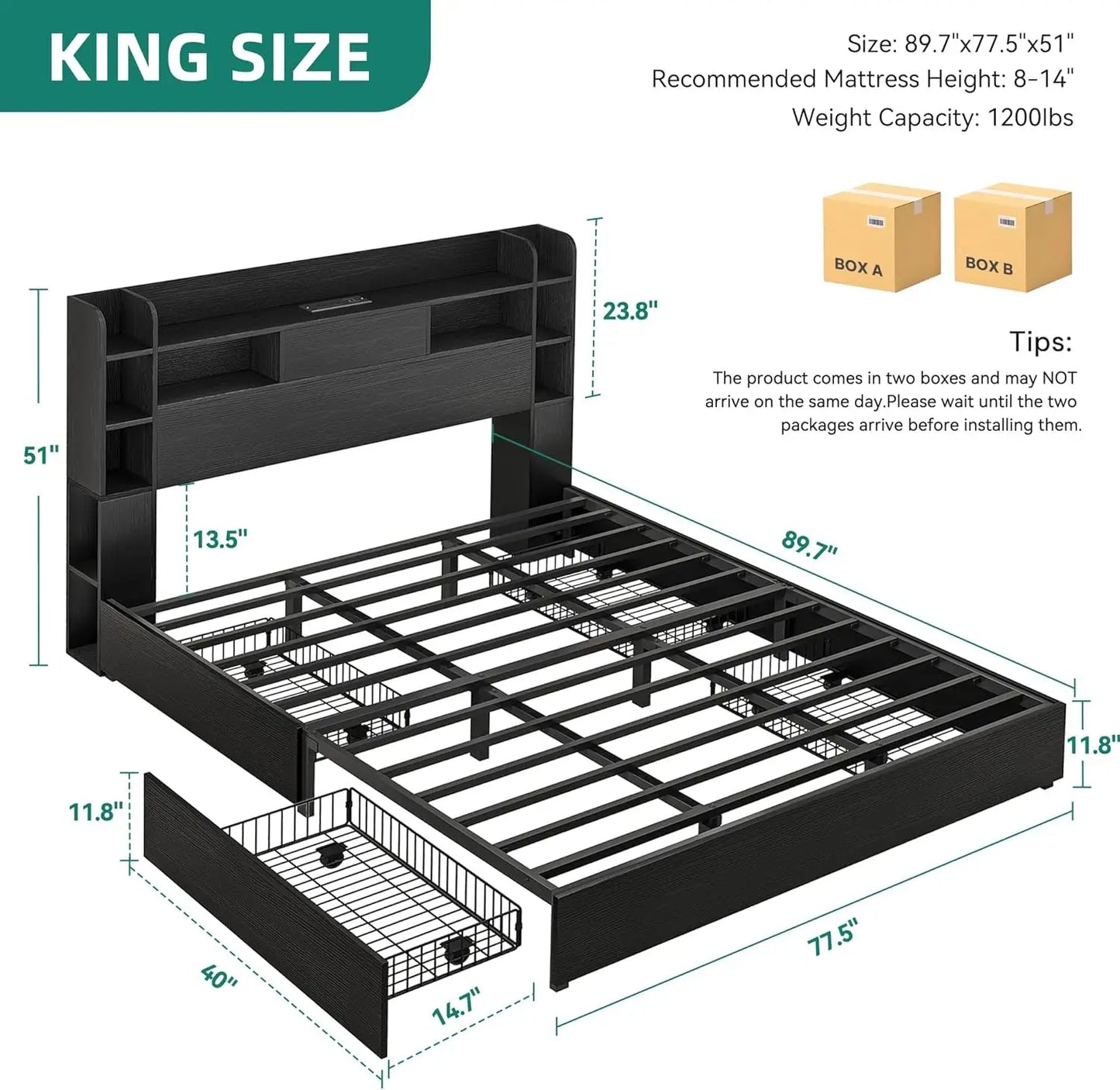 Queen Bed Frame Bookcase Headboard, 4 Drawers, RGB LED, Type-C & USB, No Box Spring, Noise Free, Black
