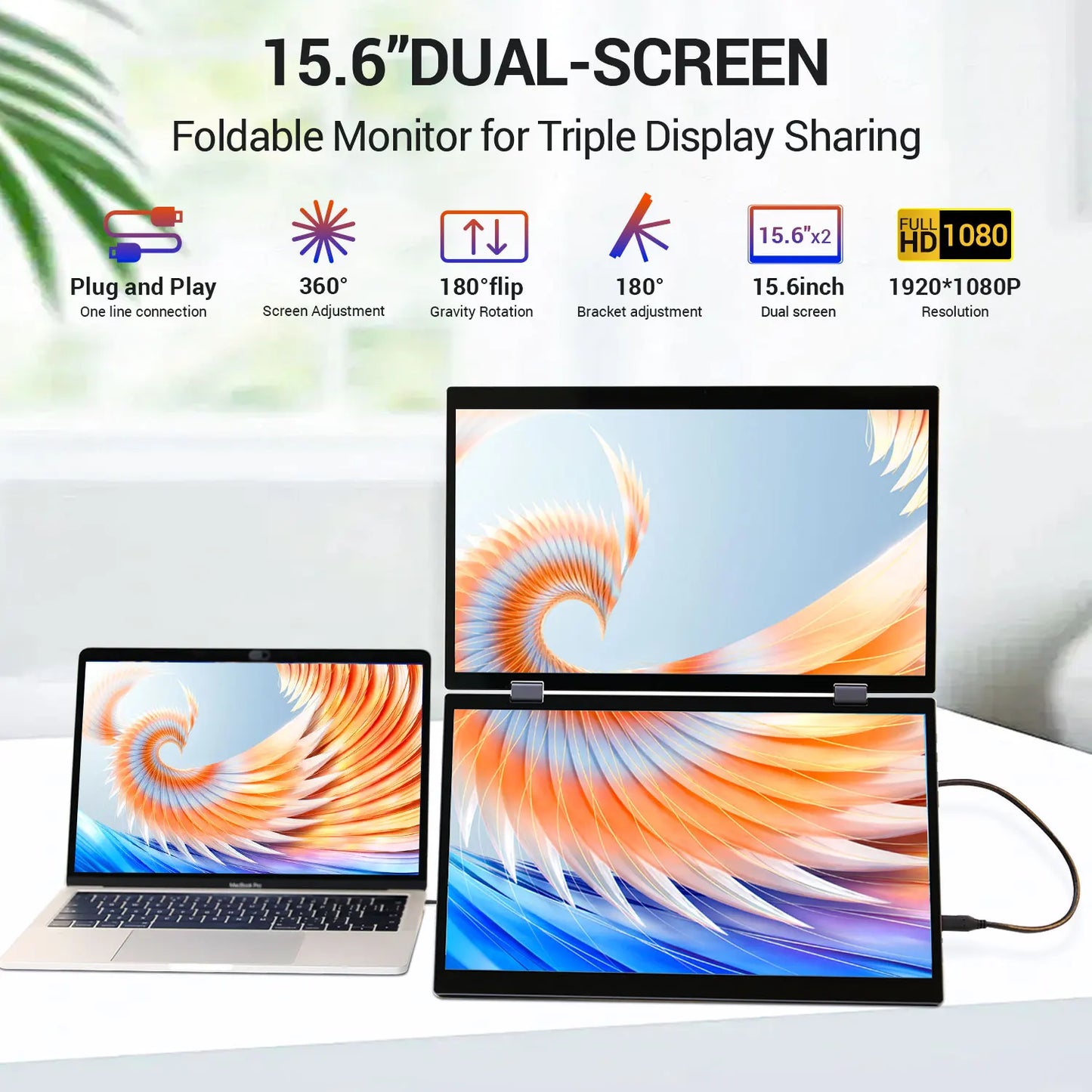 15.6 Inch Portable Monitor Dual Screen 1080P IPS External Second Screen for Mac Laptop PC Switch2 Xbox PS4/5 Xbox Ship From US