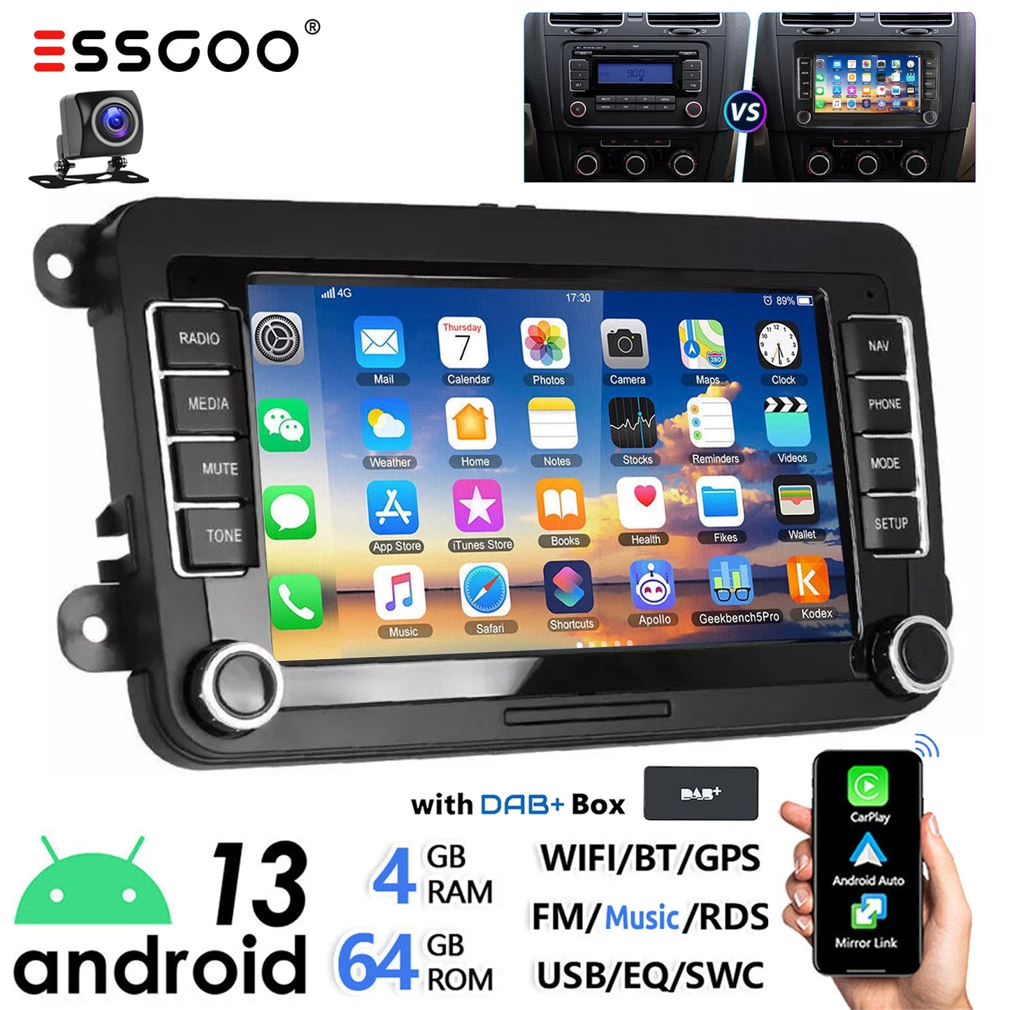 ESSGOO 7" Android 14 4G+64G Apple Carplay Car Stereo GPS NAVI WIFI RDS FM BT for VW Golf 5 6 Passat Polo Touran Tiguan Caddy EOS