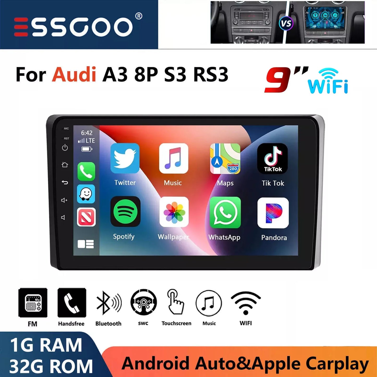 ESSGOO 9" Carplay AndroidAuto Car Stereo Multimedia Player Radio Android 13 GPS SAT Navi Wifi BT FM RDS For Audi A3 8P 2003-2013