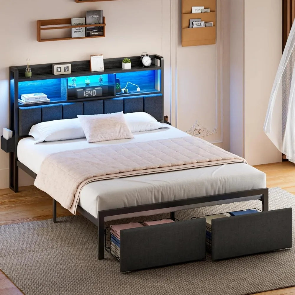 Furnulem Queen Bed Frame with Storage Drawers, Upholstered Headboard with Storage Shelf, LED Lights and Charging Station