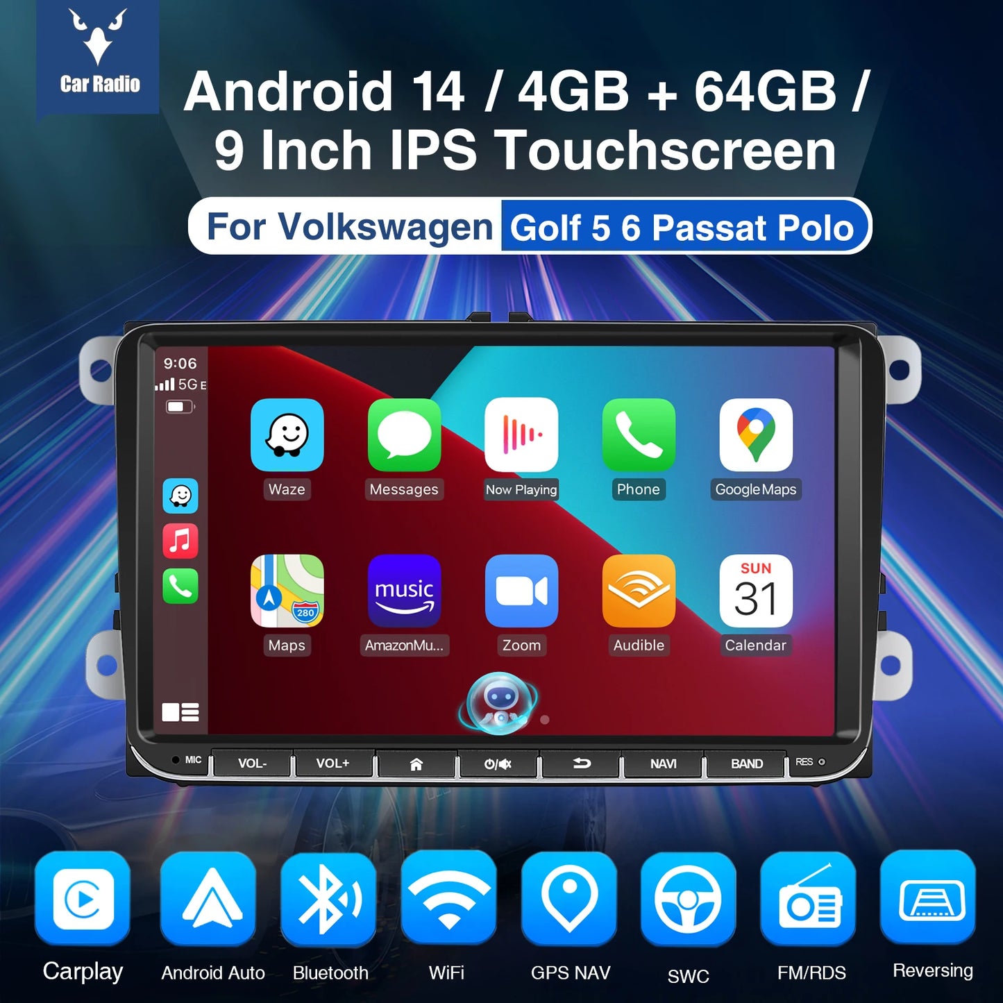 9" Android 14 4G+64G Wireless Carplay Car Stereo GPS NAVI WIFI RDS FM BT EQ for VW Golf 5 6 Passat Polo Touran Tiguan Caddy EOS