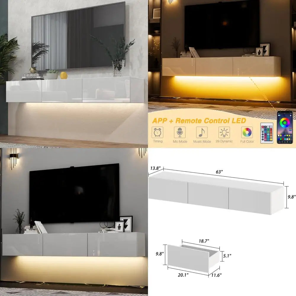 modern white high gloss wall-mounted tv stand with led lighting for 70" tvs, sleek entertainment center for living room