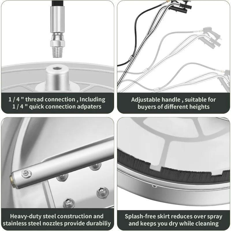 Washer Surface Cleaner with 4 Wheels - Stainless Steel Dual Handle Surface Cleaner for Pressure Washer Attachment f