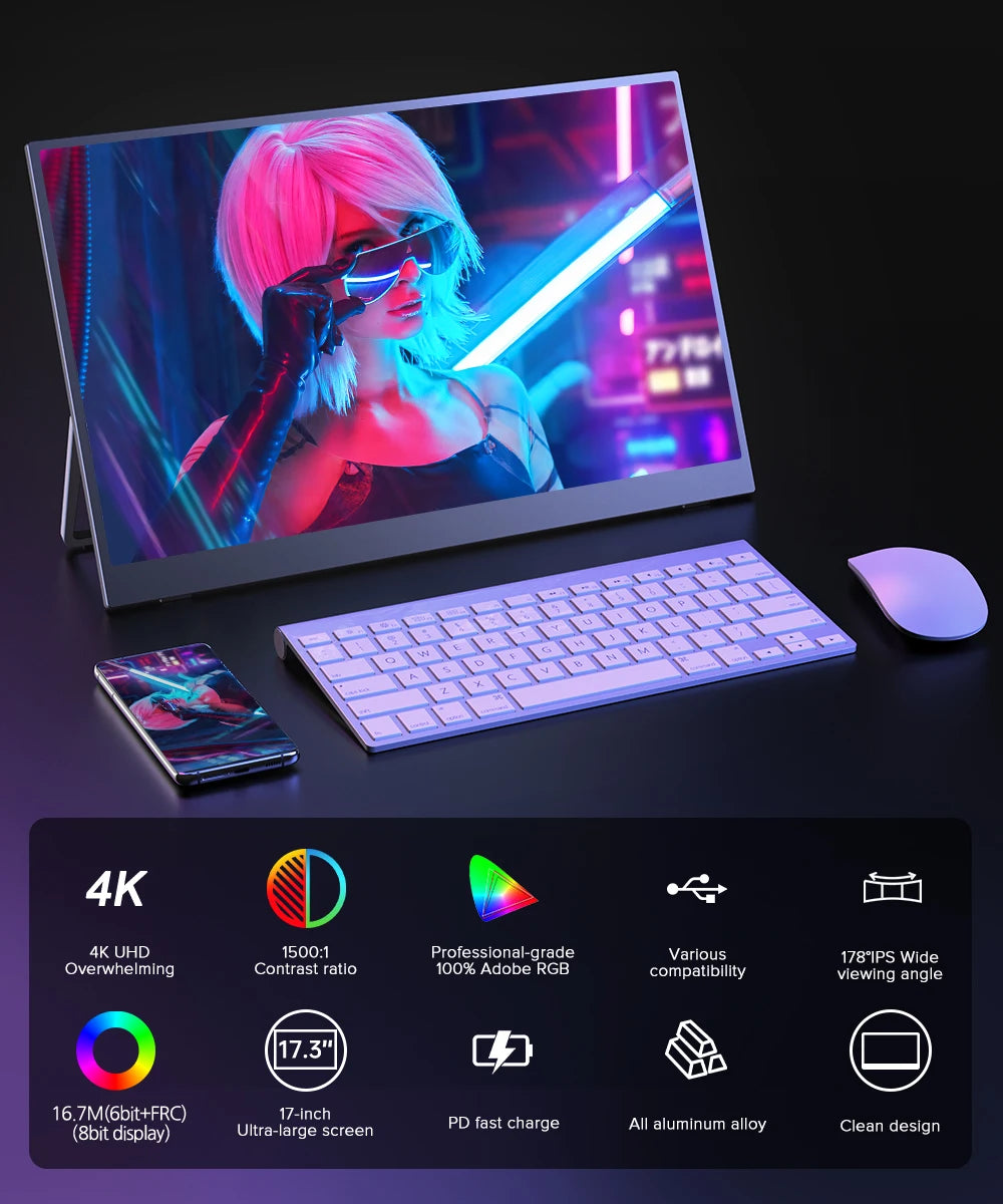 UPERFECT 4K Portable Monitor 17.3 " 3840*2160 100% Adobe IPS External Display Game PC Screen For Switch Laptop Mac Xiamo huawei