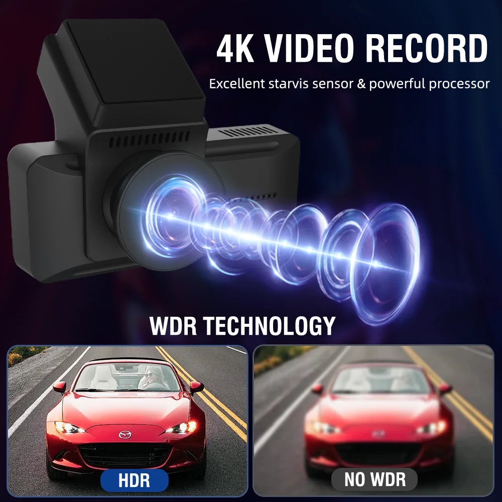 QOZ 4K WIFI Dash Cam Front Camera Dual Lens Dashcam Car DVR Video Recorder with GPS Night Vision 24H Parking for Car