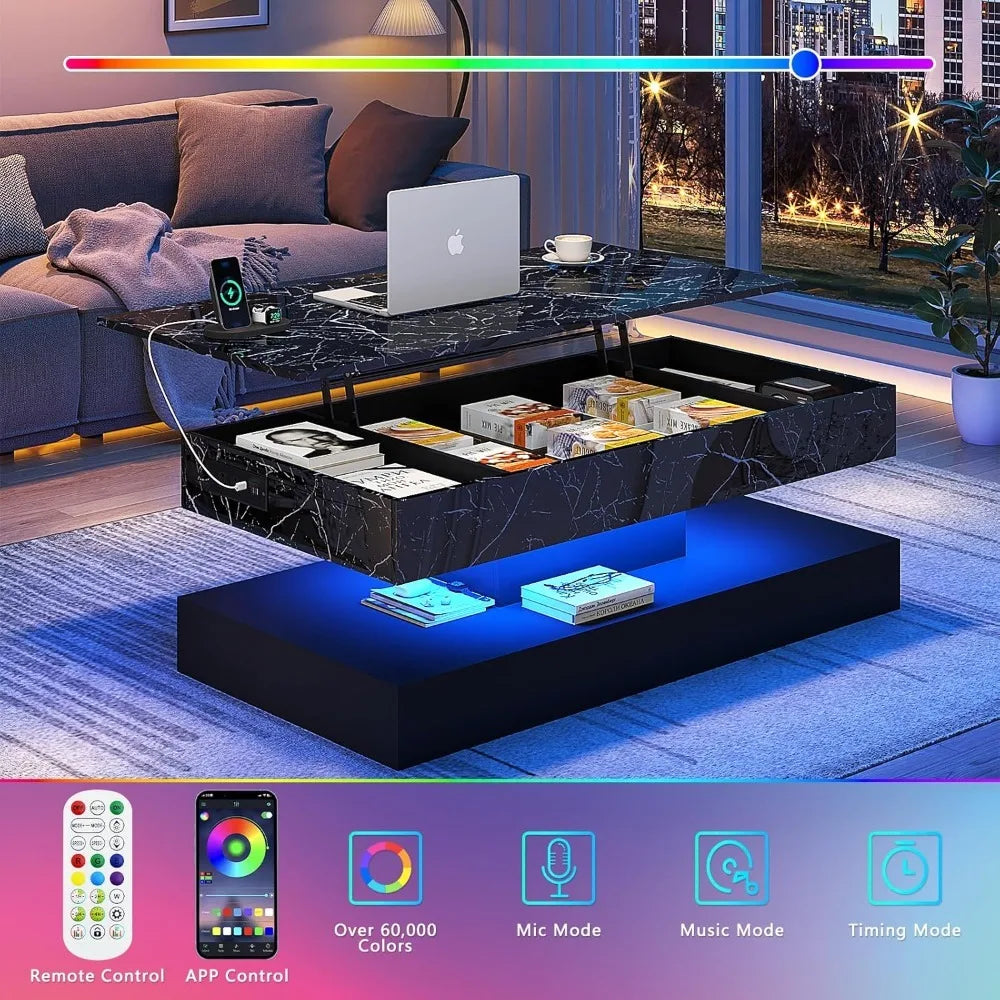 47.2" Large Lift Top Coffee Table with Charging Station, LED Modern High Glossy Center Table with Hidden Compartment Storage, Wh