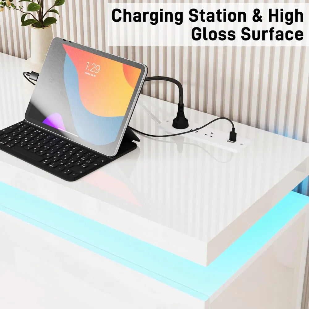 71Inch LED TV Stand with 40In Fireplace for 80Inch TV, Modern Fireplace TV Stand with Power Outlet, High Gloss TV Console Entert