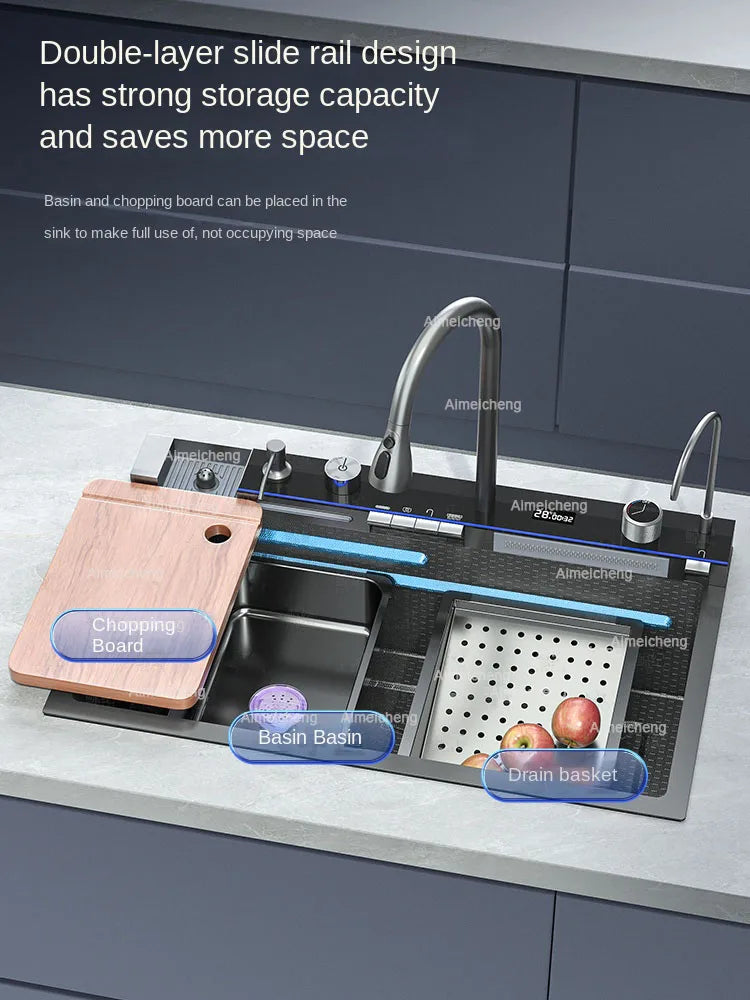 2025 Tiktok Newest Design 30 Inch Waterfall Faucet Black Bionic Honeycomb 304 Stainless Steel Big Single Bowl Kitchen Sink