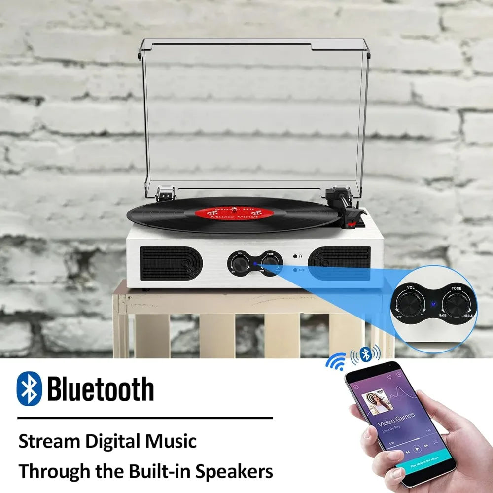Portable Vinyl Record Player with Built-in Stereo & Bass Adjust, 3-Speed Belt-Driven, Bluetooth, RCA Out, AUX In, Headphone Jack