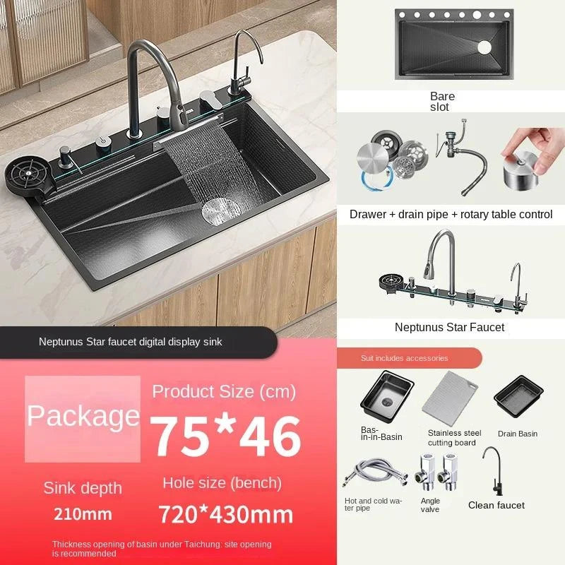 2025 Tiktok Newest Design 30 Inch Waterfall Faucet Black Bionic Honeycomb 304 Stainless Steel Big Single Bowl Kitchen Sink