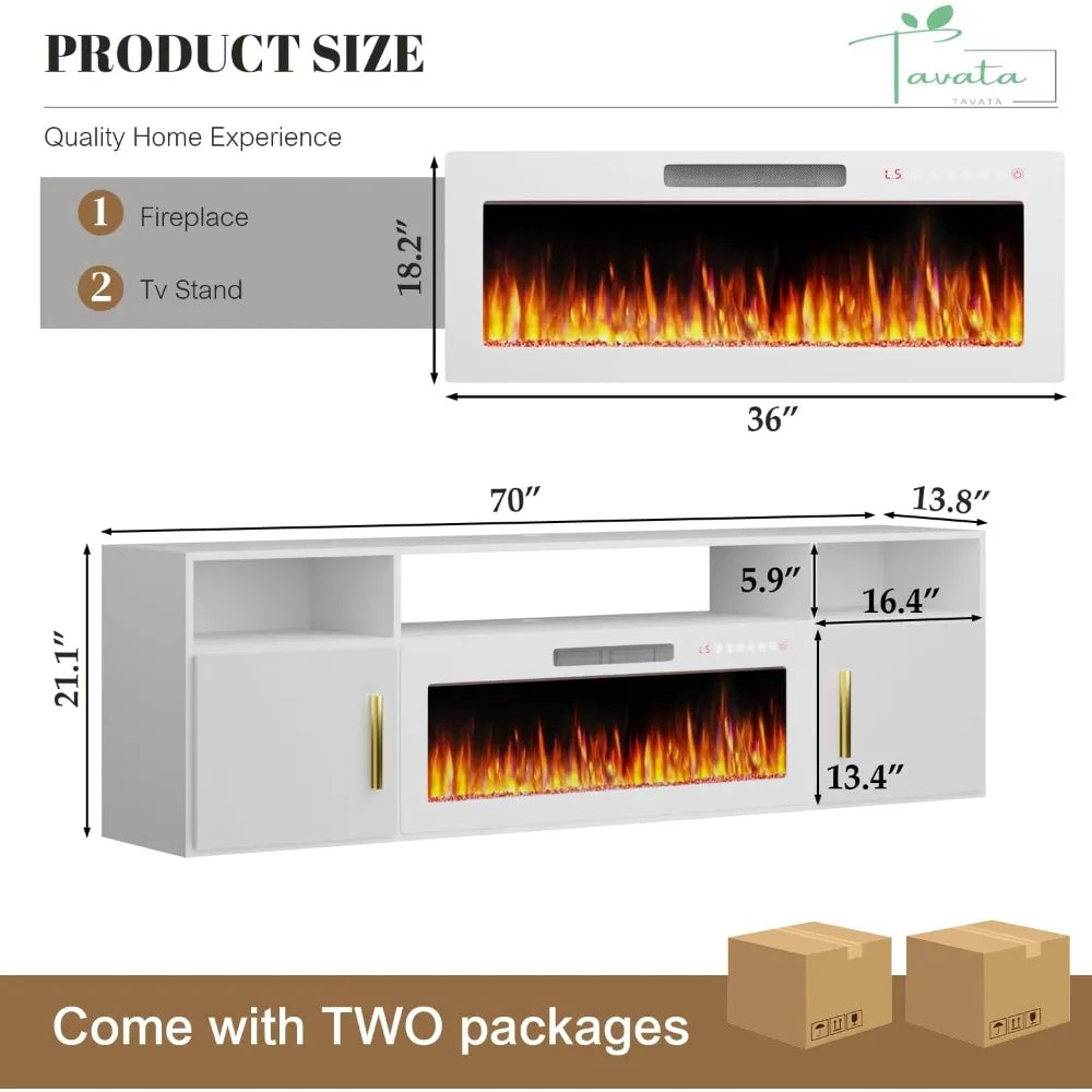 70" Floating TV Stand with 36" Electric Fireplace, High Gloss Finish Wall Mounted Electric Fireplace TV Stand with Storag