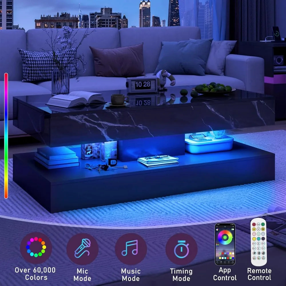 47inch Large High-Glossy LED Coffee Table with 2 Sliding Drawers, Living Room Storage Tables with Marbling Print, Modern Stylish