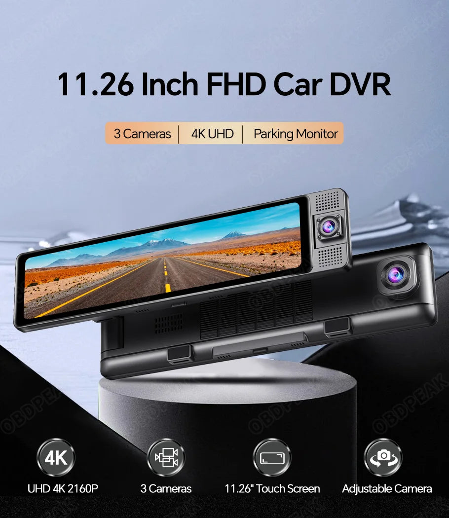 11.26 Inch 3 Camera 4K+1080P+1080P Video Recording Wifi Rearview Mirror Car DVRs Touch Screen Infrared Night Vision Car Dash Cam