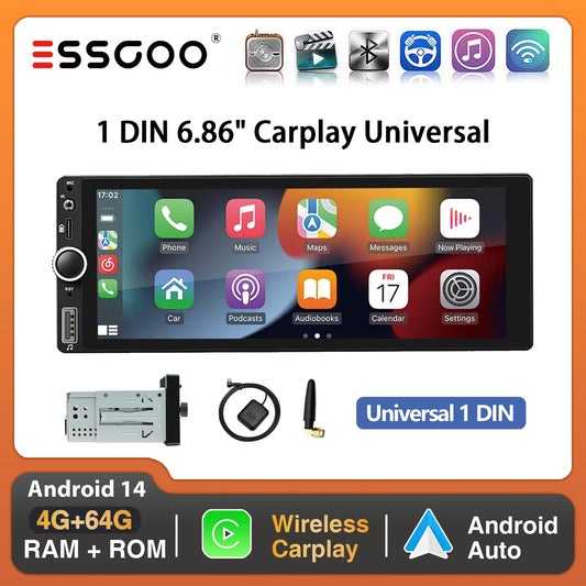 ESSGOO 6.86" Android 14 1 DIN 4+64G Car Stereo Radio Carplay Android Auto 1DIN GPS NAV Wifi BT RDS WIFI BT USB Type-C Universal