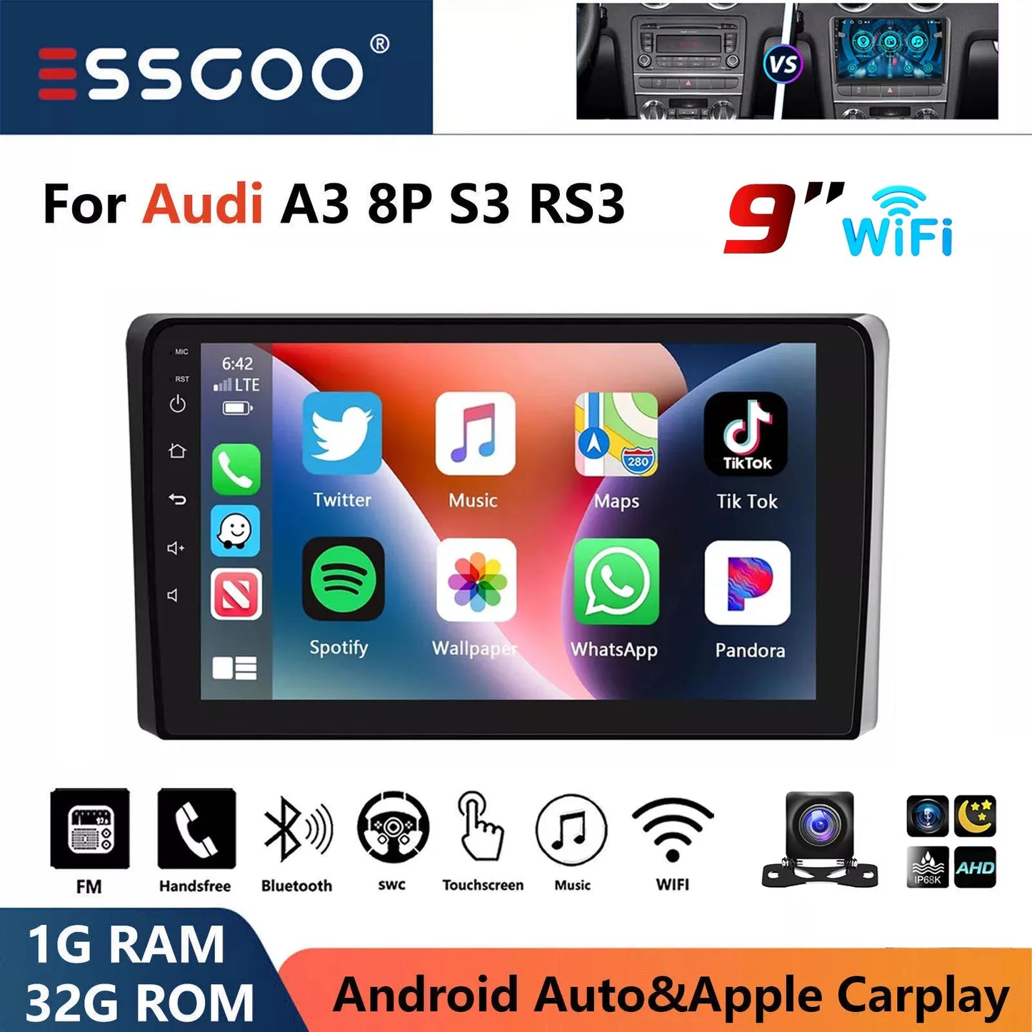 ESSGOO 9" Carplay AndroidAuto Car Stereo Multimedia Player Radio Android 13 GPS SAT Navi Wifi BT FM RDS For Audi A3 8P 2003-2013