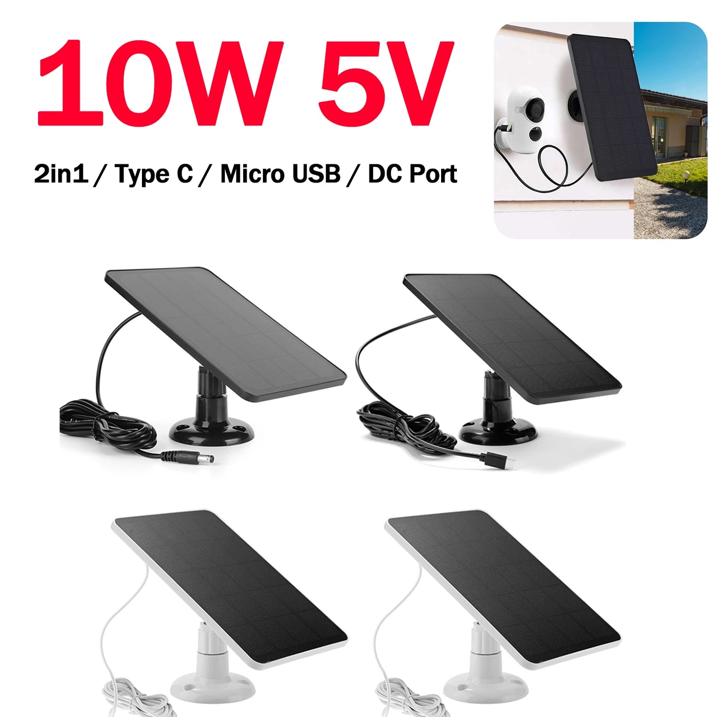 10W 5V Solar Panel Micro USB+Type-C 2in1 Outdoor Solar Cells Charger Solar Panels for Security Camera/Small Home Light System