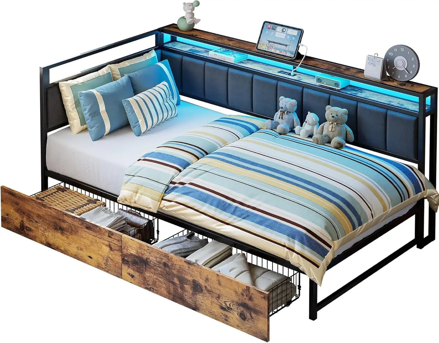 LED Twin Size Bed Frame with Storage Drawers, Metal Platform Beds Frames Charging Station & Fabric Upholstered Fence, Bed Frame