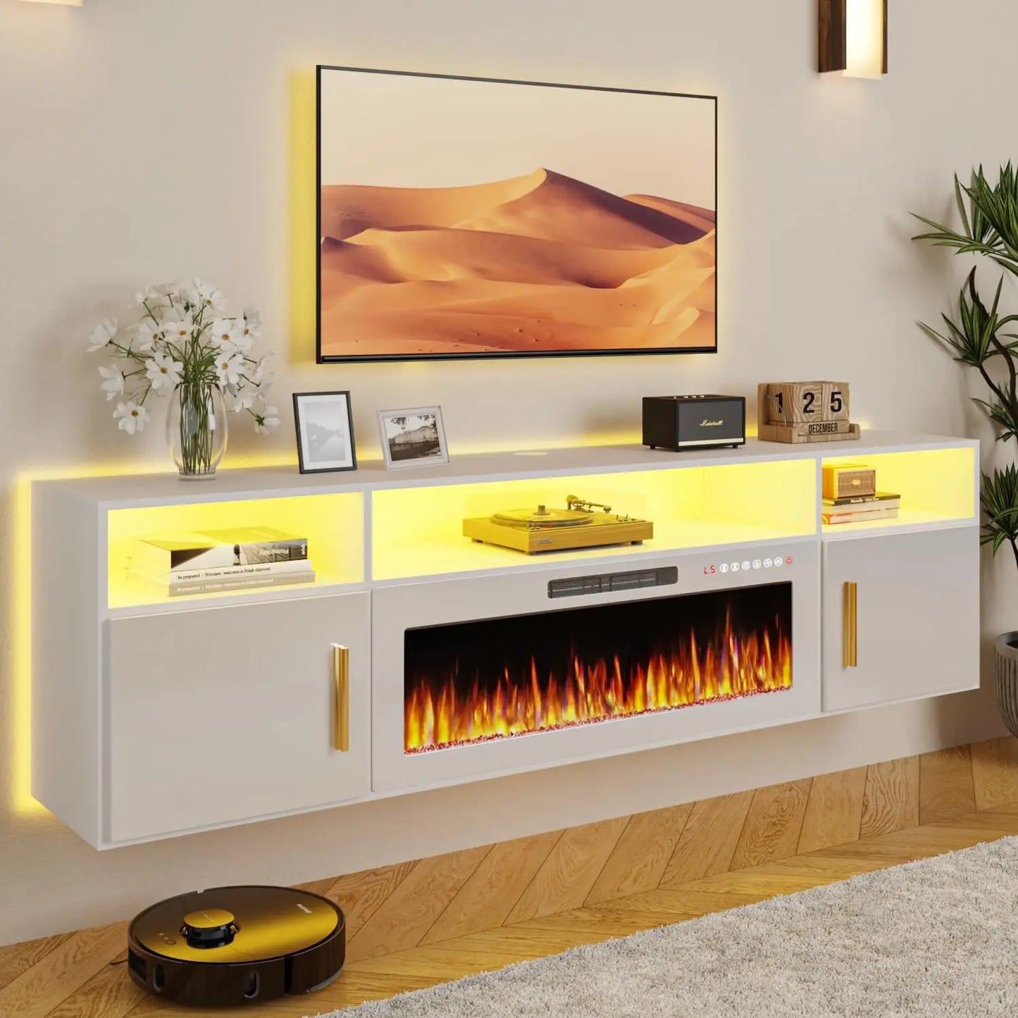 70" Floating TV Stand with 36" Electric Fireplace, High Gloss Finish Wall Mounted Electric Fireplace TV Stand with Storag