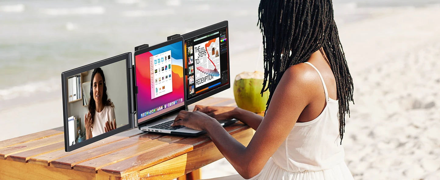 Amoudo 14 Inch Dual Laptop Monitor 1920*1080P IPS Portable Triple Monitor  with USB-C Port for 14-16.5" Laptops Windows/Mac Xbox