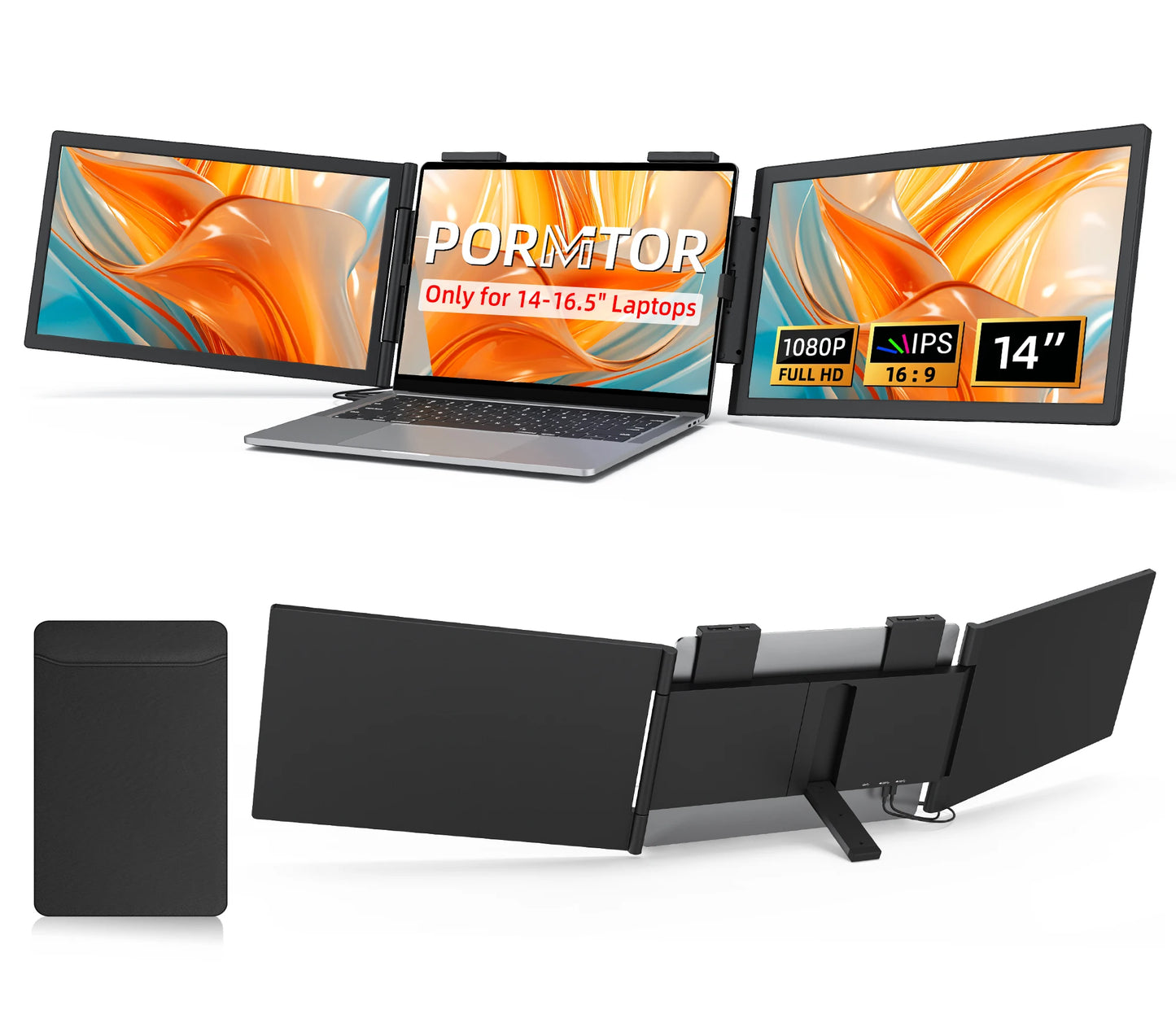 Amoudo 14 Inch Dual Laptop Monitor 1920*1080P IPS Portable Triple Monitor  with USB-C Port for 14-16.5" Laptops Windows/Mac Xbox