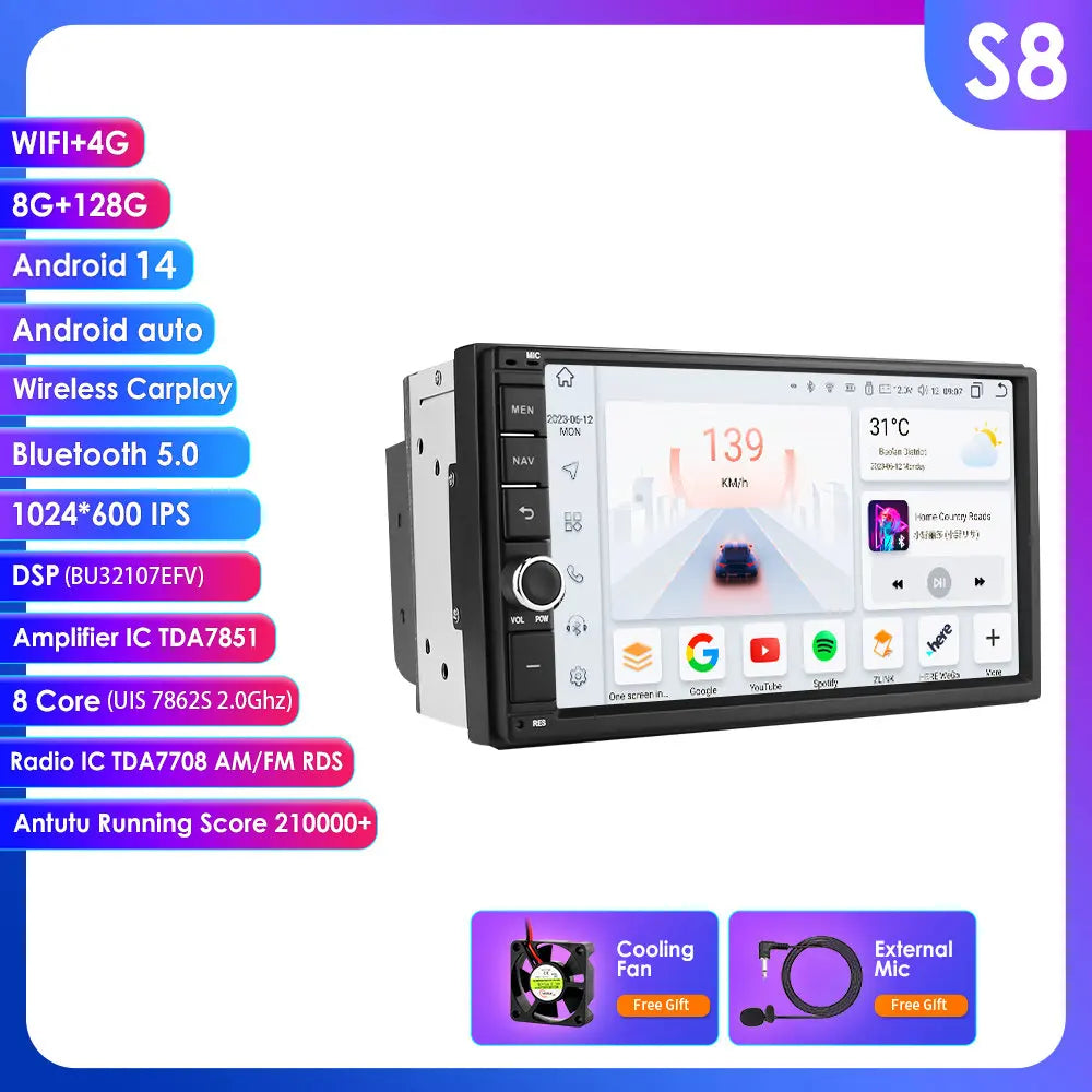 Latest Android 14 Octa Core 4G RAM 64G ROM DSP Universal Double 2 Din Car Radio Multimedia Player GPS Navigator Autoradio RDS FM