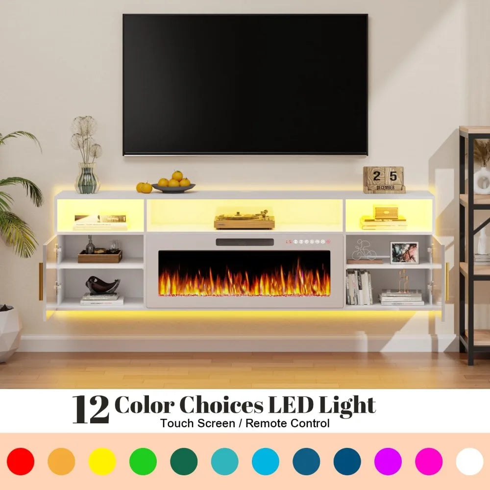70" Floating TV Stand with 36" Electric Fireplace, High Gloss Finish Wall Mounted Electric Fireplace TV Stand with Storag