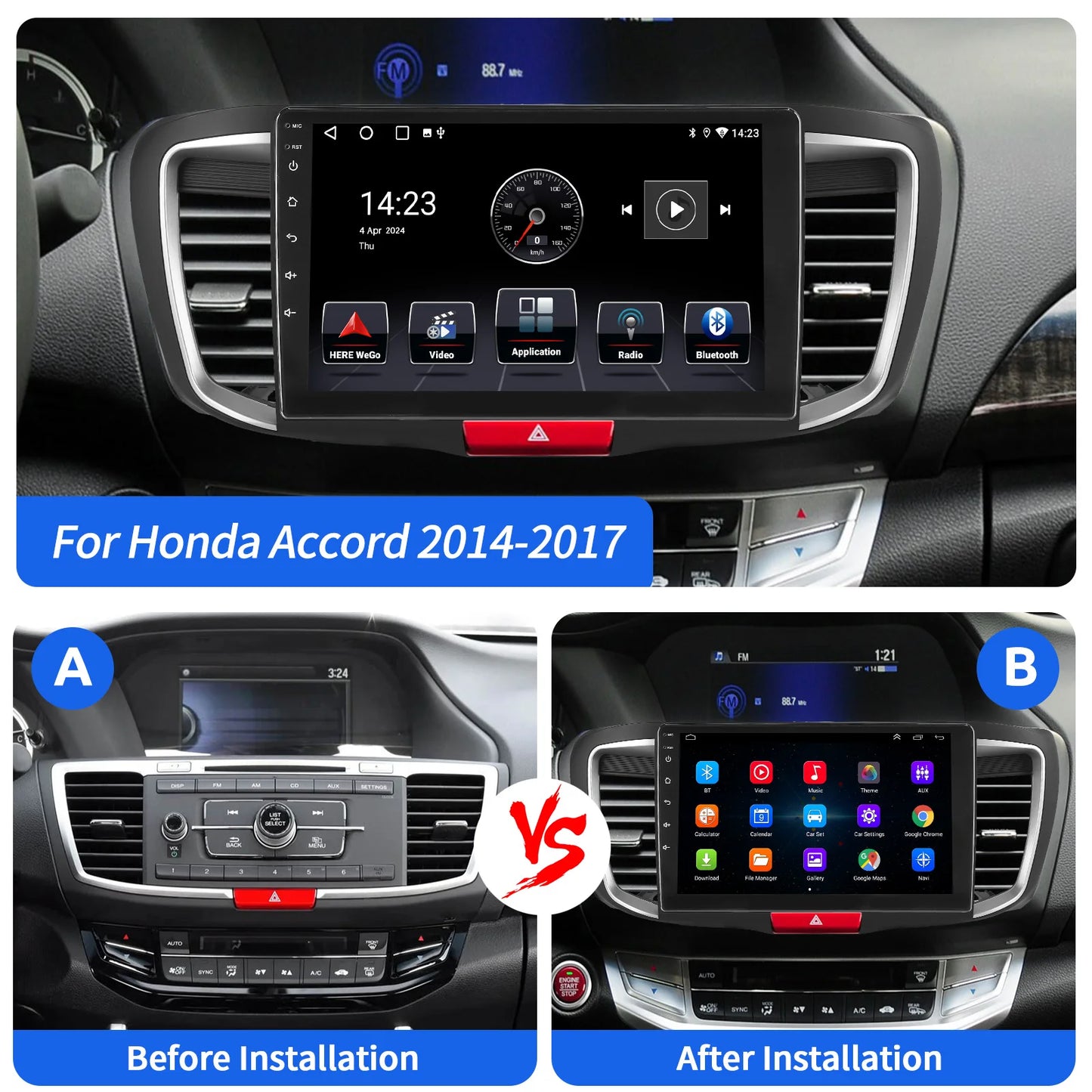 2+32G Apple Carplay For Honda Accord 2014-2017 Android 14 10" Car Stereo GPS Navigation Bluetooth FM/RDS Radio IPS Touch Screen