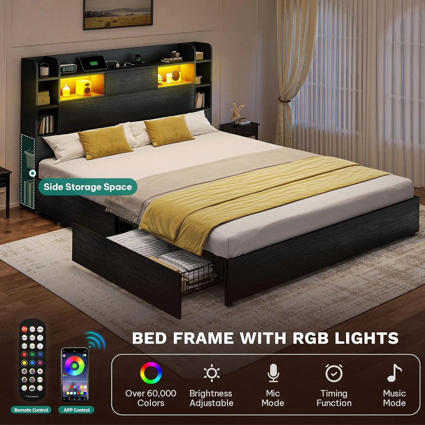 Queen Bed Frame Bookcase Headboard, 4 Drawers, RGB LED, Type-C & USB, No Box Spring, Noise Free, Black