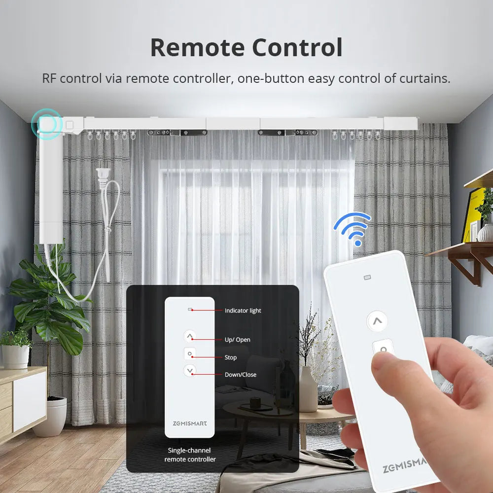 Zemismart Matter WiFi Smart Electric Curtain Motor with Sliding Track, Works with Alexa Google Home Apple HomeKit Tuya App