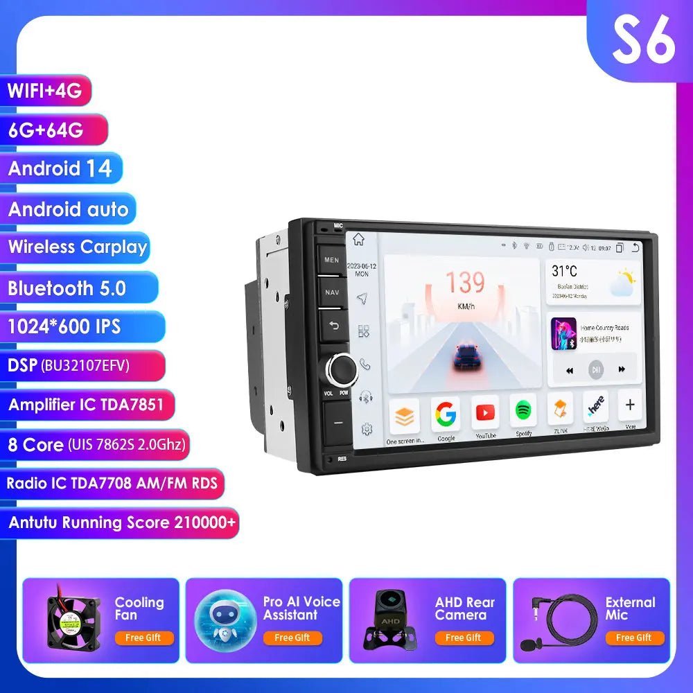 Latest Android 14 Octa Core 4G RAM 64G ROM DSP Universal Double 2 Din Car Radio Multimedia Player GPS Navigator Autoradio RDS FM
