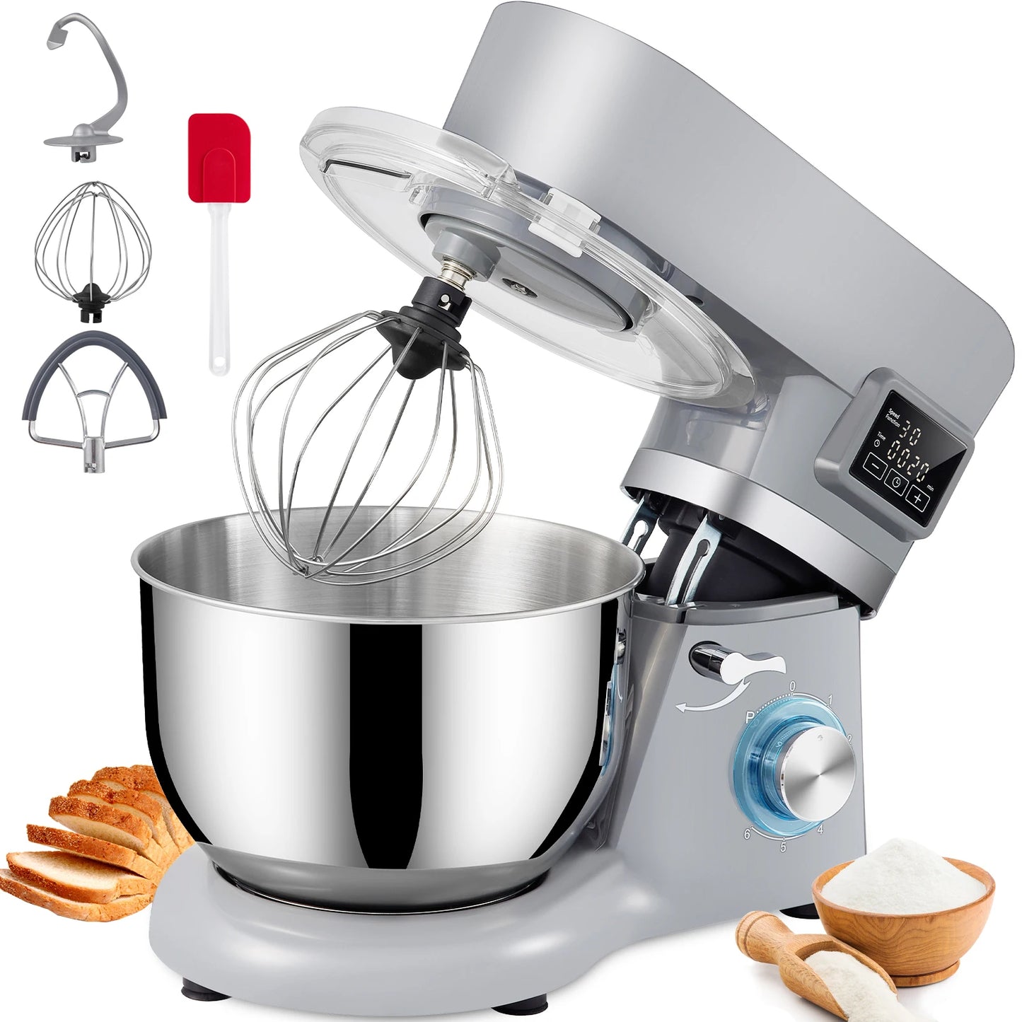SucceBuy 5.5/7LElectric Stand Mixer with 6Speeds LCD Screen Timing Food Mixer Cream Egg Whisk Whip Dough Kneader With Steel Bowl