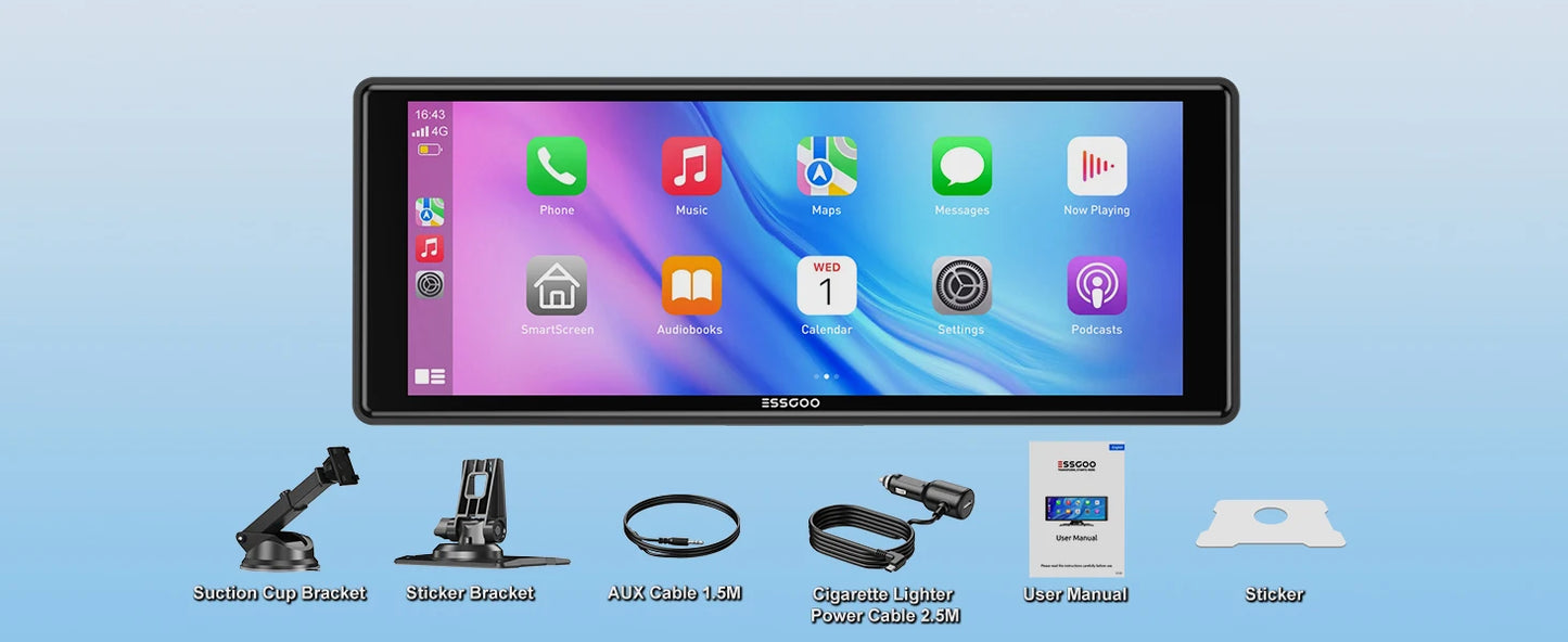 ESSGOO 10.26" portable universal car stereo Radio HD Tour screen GPS Navi WIFI Apple carplay Android auto BT MIrror link AUX FM