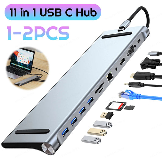 11 in 1 USB C Docking Station with 4K HDMI-Compatible VGA Ethernet Type C Hub 1* USB 3.0 3*USB2.0 Multiport Adapter for MacBook