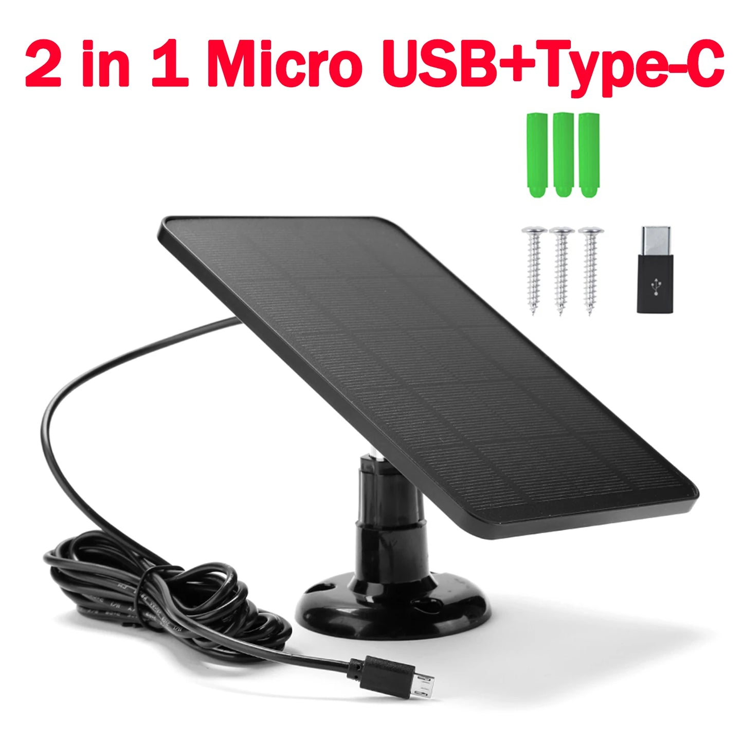 10W 5V Solar Panel Micro USB+Type-C 2in1 Outdoor Solar Cells Charger Solar Panels for Security Camera/Small Home Light System