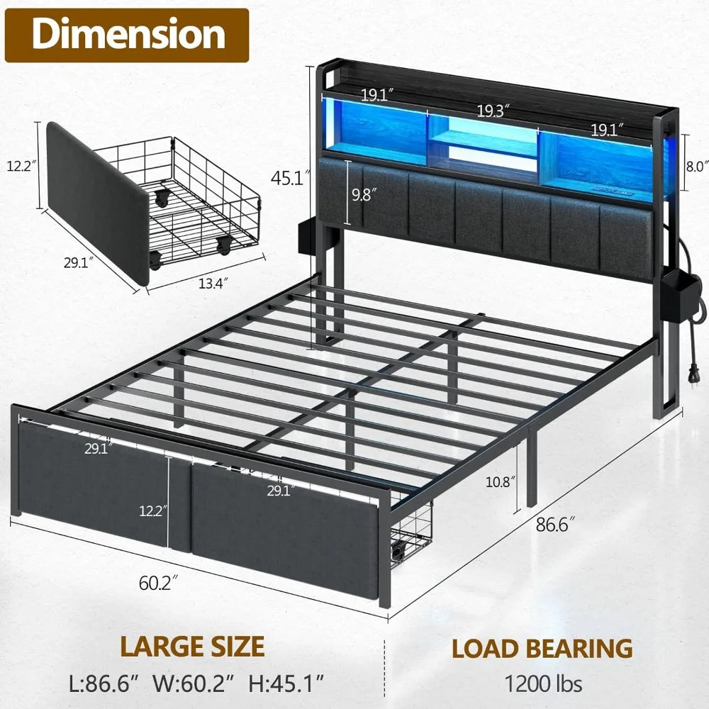 Furnulem Queen Bed Frame with Storage Drawers, Upholstered Headboard with Storage Shelf, LED Lights and Charging Station