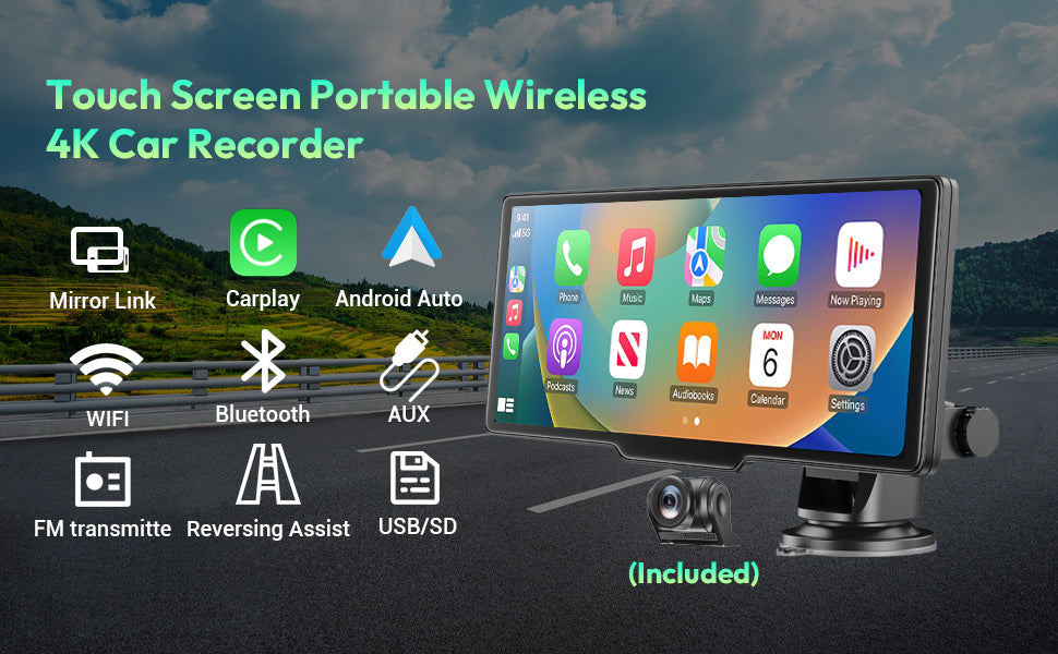 4K 1080P  10.26" Wireless Apple CarPlay Android Auto Touchscreen Car DVR Dashcam Dual Lens Video Recorder Mirror Link WIFI BT FM